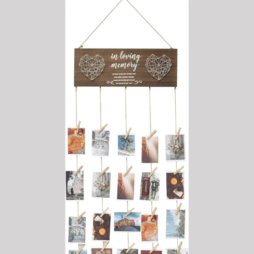 Photo Hanging Display with Clips and Handmade Heart DIY Collage